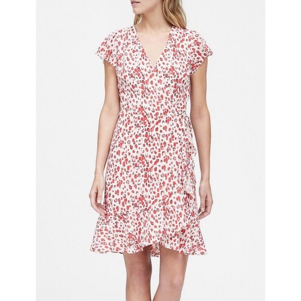 Banana Republic Short Sleeve‎ Ruffle Wrap Dress Red Leopard Cheetah 0
